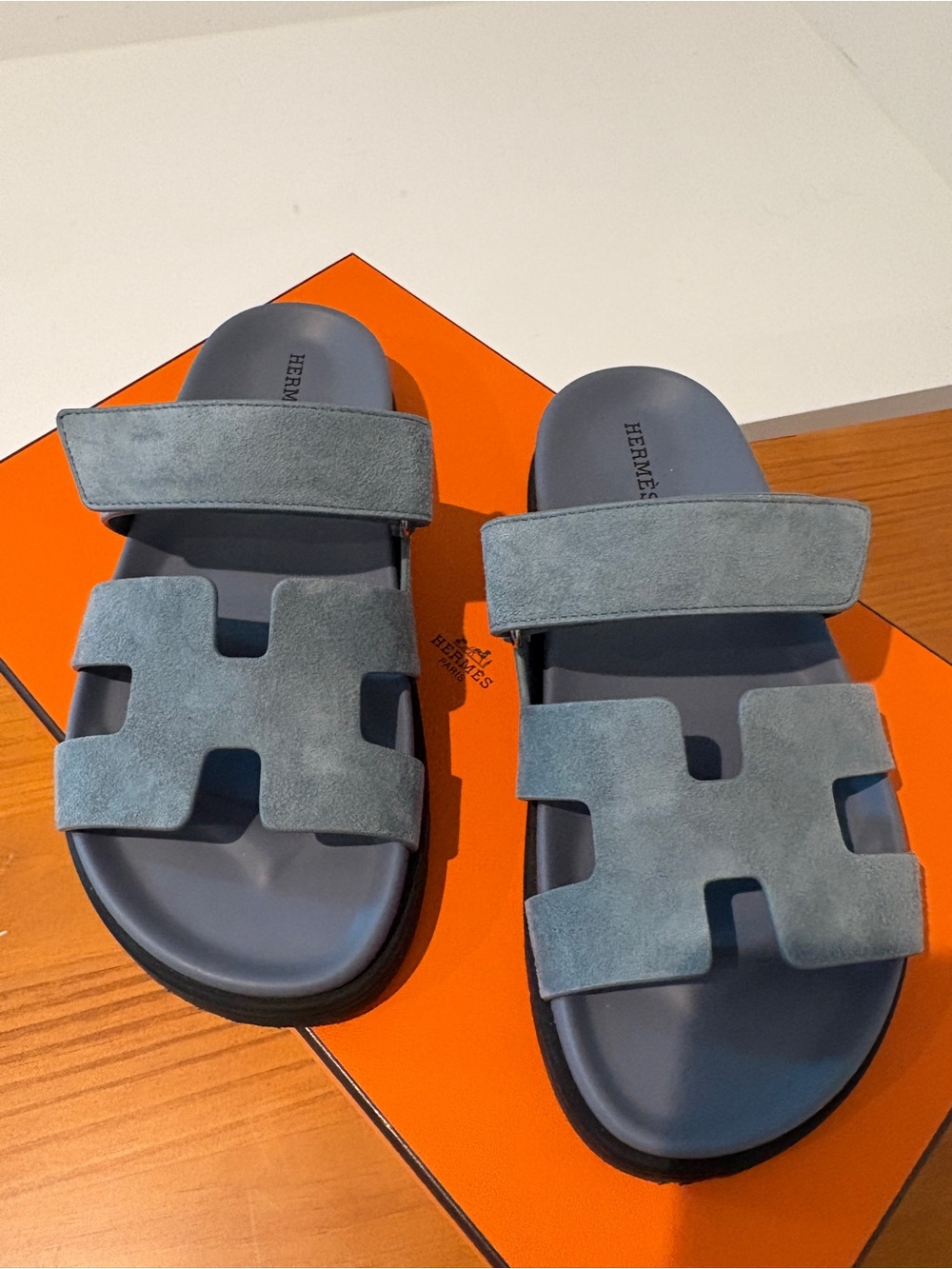 Hermès Chypre Blue Suede Sandals Size 36 — Like New, Box & Dust Bags Included